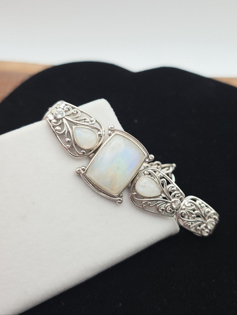 JTV 925 Sterling Silver Rainbow Moonstone Link Bracelet Heart Filigree Boho